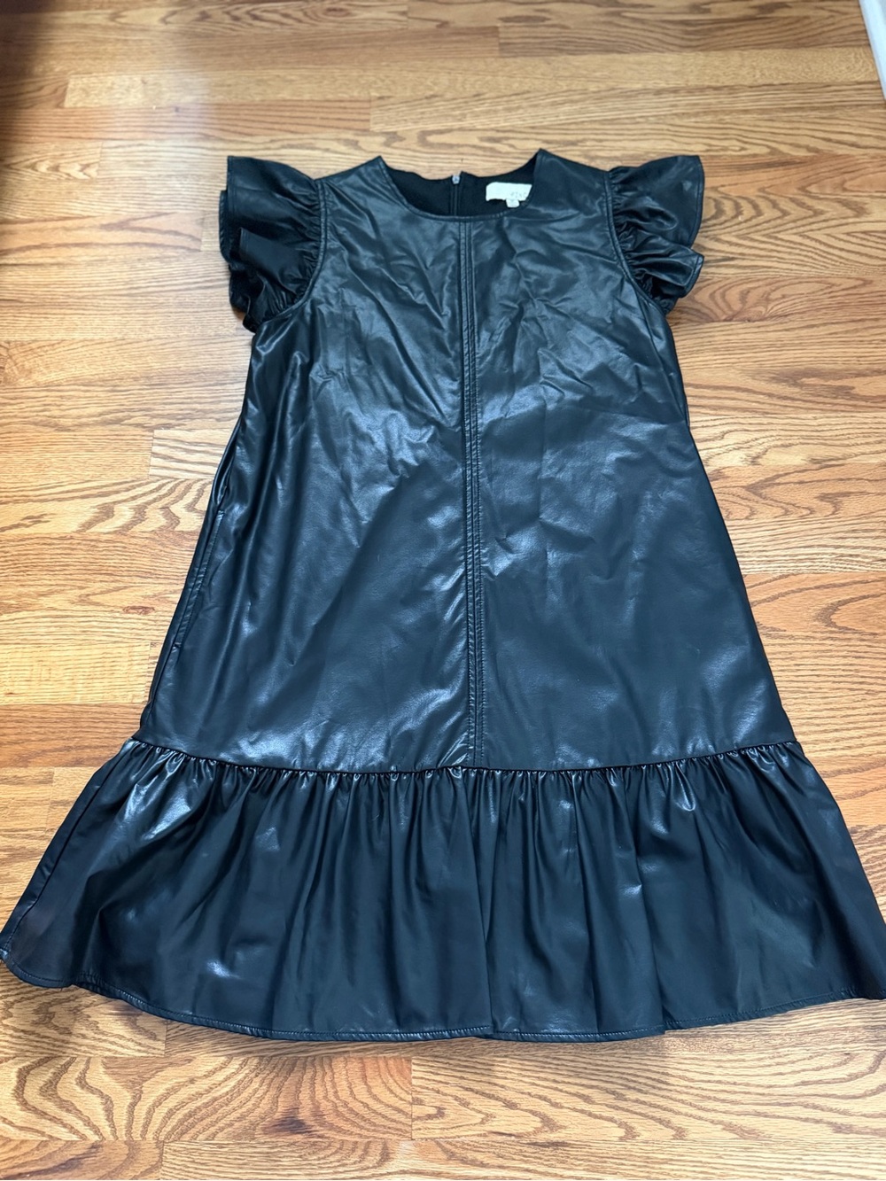 Pinch Black Faux Leather Ruffle-Hem Mini Dress size Medium - Picture 2 of 8